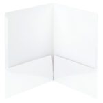 The Smead High Gloss Two-Pocket Folders are white and unmarked, designed for letter-size documents, and packaged 25 per box (87883).