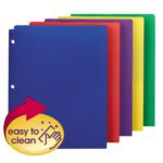 Five Smead Poly Snap-In Two-Pocket Folders, each a different color: blue, red, purple, yellow, and green. Sold in a set of 10 per pack (87939), they feature a easy to clean circular sticker with a hand-wiping icon at the bottom left corner.