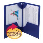 The dark blue Smead Poly Lockit Two-Pocket Folder (87942), part of a 25-count set, holds printed papers like charts and tables. An icon of a hand with a cloth and an arrow emphasizes its easy to clean feature.