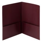 Standing upright against a plain background, this Smead Linen Two-Pocket Folder in maroon features two lined interior pockets. Offered in a pack of 25 per box (87947), it highlights its burgundy color and simple design.