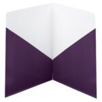 The Smead Contemporary Two-Pocket Folders feature a decorative white and dark purple backdrop with a geometric chevron-like design. The sections meet diagonally in the center, perfect for letter-size items. Available in boxes of 25 (87961).