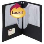 The Smead Lockit? Two-Pocket Folder in black features a Lockit closure for secure document storage, includes a business card pocket and detailed product list with charts, and is sold in boxes of 25 (87981).