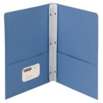 The Smead Two-Pocket Heavyweight Folder in Blue (88052) features a tang strip style fastener. It is upright on a white background, showing a barcode and brand label on the left interior pocket.