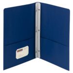 Inspired by the Smead Two-Pocket Heavyweight Folder (88054), this dark blue cover features metal fasteners, a business card slot in the left pocket, and an empty interior with a visible spine.