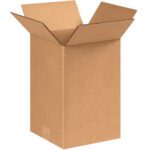 A tall, open MH-USA 8 x 8 x 12 corrugated box from a bundle of 25 stands upright against a white background, its flaps slightly angled outward to display its sturdy construction.