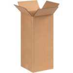 An upright MH-USA 8 x 8 x 17 corrugated box against a white background shows its spacious interior with flaps open. These brown, sturdy boxes are perfect for packaging and shipping, offered in bundles of 25.