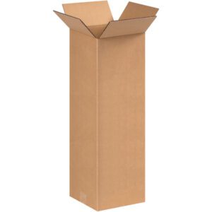 A tall MH-USA 8 x 8 x 24 corrugated box stands upright against a pristine white background, showcasing its sturdy design. Sold in bundles of 25.