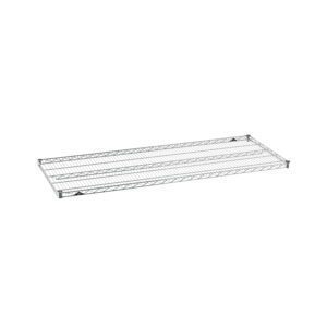 A metal wire shelving unit with a rectangular shape. The shelf consists of a grid pattern supported by a sturdy frame. It appears suitable for storage or organizational purposes. The shelf is isolated on a white background.