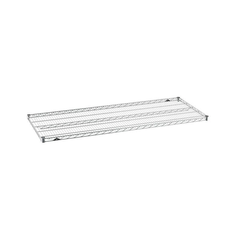 A metal wire shelving unit with a rectangular shape. The shelf consists of a grid pattern supported by a sturdy frame. It appears suitable for storage or organizational purposes. The shelf is isolated on a white background.