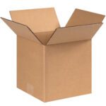 An open, empty box from the MH-USA 8 x 8 x 8 Corrugated Boxes (25/Bundle) set, made from sturdy brown corrugated material, sits with its flaps extended against a plain white background.