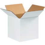 A plain white MH-USA 8 x 8 x 8 corrugated box with flaps outward, set against a white background, is available in bundles of 25, ideal for storage or shipping.