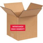 Open a MH-USA 8 x 8 x 8 W5c Weather-Resistant Corrugated Box with WITHSTANDS HIGH HUMIDITY in red on the side, from a 25-box bundle, set against a plain white background.