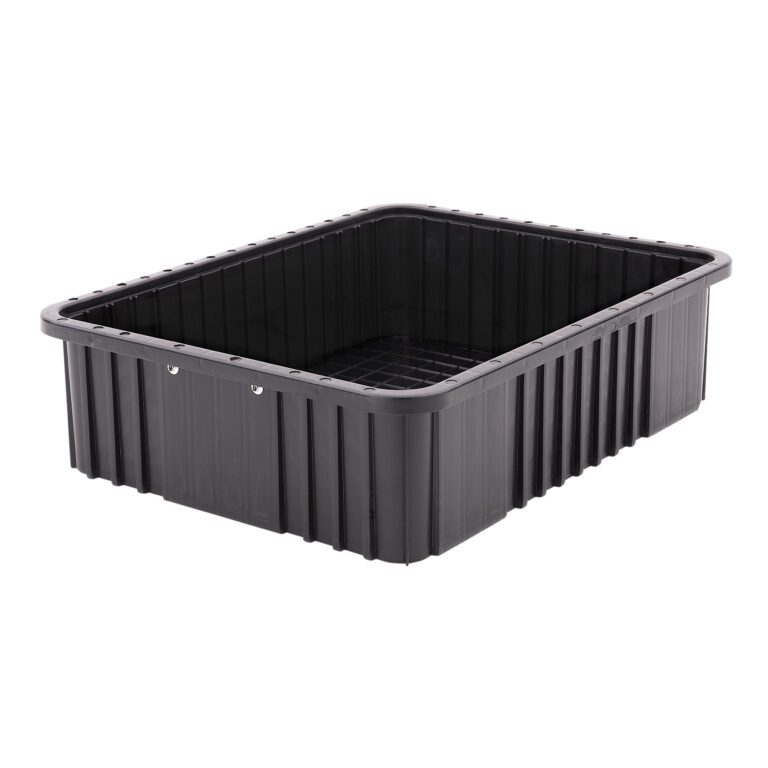 The black Metro TB93060CAS Conductive Polypropylene Tote, measuring 22.5 x 17.5 x 6, features ridged sides and a grid-pattern base; it rests against a plain white background, highlighting its sleek design and practicality.