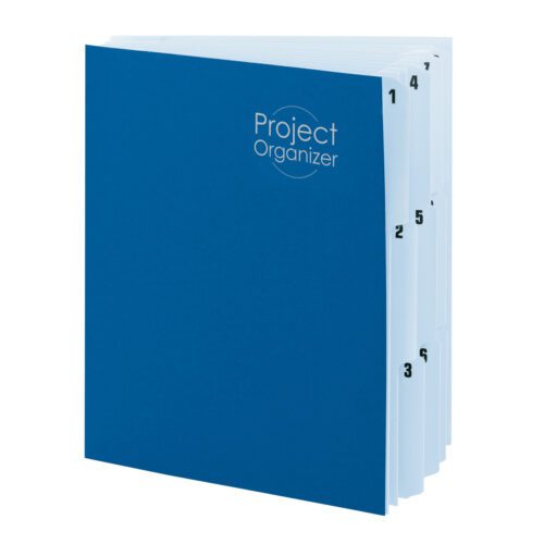 The Smead Project Organizer (89200) in Navy/Lake Blue has a classy cover embossed with Project Organizer in white and includes 10 tabbed pocket dividers, numbered 1 to 6, revealing distinct sections when partially open.