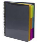 The Smead Poly Project Organizer (89206) features a spiral-bound, letter-sized gray cover with vibrant tabbed dividers in yellow, green, blue, orange, purple, and pink.