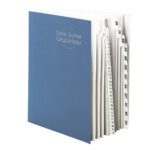 The Smead Desk File/Sorter in dark blue (89235) comes with 43 dividers featuring labeled tabs for each month and numbered sections from 1 to 31, ideal for organizing letter-size documents by both month and day.
