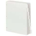 Six Smead Three-Ring Binder Index Dividers, 1/8-cut tab, in pristine white and designed for letter-size binders with precise three-hole punches stand upright against a seamless white backdrop. Available in boxes of 96 (89418), they combine practicality with style.