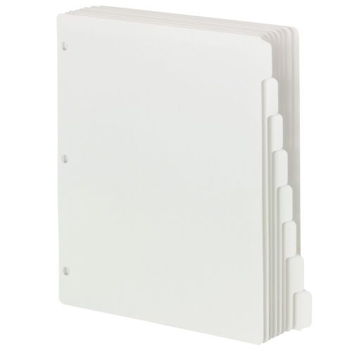 Six Smead Three-Ring Binder Index Dividers, 1/8-cut tab, in pristine white and designed for letter-size binders with precise three-hole punches stand upright against a seamless white backdrop. Available in boxes of 96 (89418), they combine practicality with style.