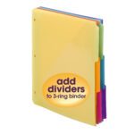 A set of colorful INDEX DIV RG BNDR 1/3 POLY ASMT binder dividers features a prominent yellow top divider labeled add dividers to 3-ring binder. Ideal for organization, these durable poly dividers ensure long-lasting use.