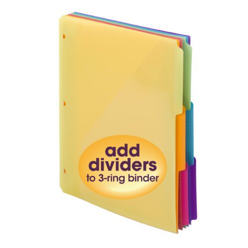 89421.jpg A set of colorful INDEX DIV RG BNDR 1/3 POLY ASMT binder dividers features a prominent yellow top divider labeled add dividers to 3-ring binder. Ideal for organization, these durable poly dividers ensure long-lasting use.