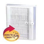 A clear Smead Poly Envelope with a 1-1/4 expansion and side load displays a document with a table. The folder has a string-tie closure. An overlay shows a red arrow pointing to a yellow circle with easy to clean text and an icon of a hand wiping.