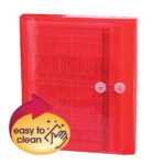 The red Smead Poly Envelope (89527) is letter size and side-load, featuring a string-tie closure with visible contents and a “easy to clean” circular graphic with an arrow and hand icon in the corner.