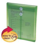The Smead Poly Envelope (89543) is a green, translucent plastic envelope for letter-size documents with a string closure and 1-1/4 expansion. It includes graphics of a red arrow and yellow circle highlighting its easy to clean feature with a wiping hand motion.