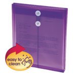 Explore the Smead Poly Envelope with string-tie closure, in vibrant purple. Inside, find a document with readable text. The yellow hand icon indicates it is easy to clean, ensuring effortless organization.
