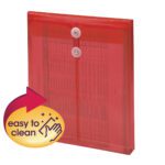 The Smead Poly Envelope, featuring a 1-1/4 expansion and vibrant red translucent design, allows visible papers inside. It includes a string-tie closure and comes with a yellow label showing a red left-pointing arrow with easy to clean text and an illustration of hand cleaning.