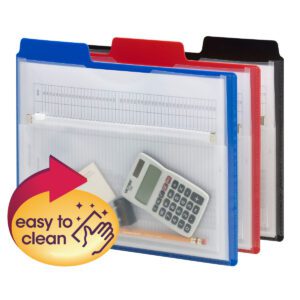 The Smead Project Organizer with Zip Pouch (89614) includes three 1/3-Cut Tab folders in blue, red, and black, revealing contents like a calculator, pencil, and eraser. A yellow and red badge with a hand icon indicates easy to clean. Perfectly designed for efficient storage.