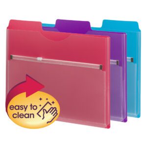 The Smead Project Organizer with Zip Pouch (89617) includes three translucent letter-size file folders in assorted colors, each featuring a circular yellow easy to clean label with a wiping hand illustration, perfect for organizing your workspace.