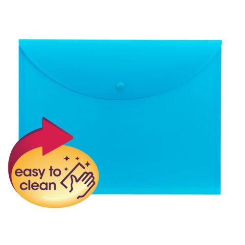 89681_WB1.jpg The Smead Project Envelope, in bright teal and translucent design, features a snap closure and top load style for letter-size documents. It includes a yellow circular label with an arrow and hand stating easy to clean. Sold 10 per box (89681), it stylishly meets your organizational needs.