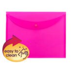The Smead Project Envelope features a snap closure in bright pink for secure, stylish document storage. Its overlay showcases an arrow and sparkles with a wiping hand to highlight easy cleaning. Available in letter size, packs of 10 per Box (89682).