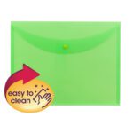 The Smead Project Envelope in green plastic has a snap closure for secure storage. A yellow badge with a red arrow and sparkling hand icon says easy to clean, combining style and practicality.