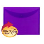 The purple Smead Project Envelope, model 89684, is a letter-size top-load design with a snap closure. It features a graphic with an easy to clean arrow and hand icon in yellow and black on the bottom left, perfectly blending convenience and style for your organizational needs.