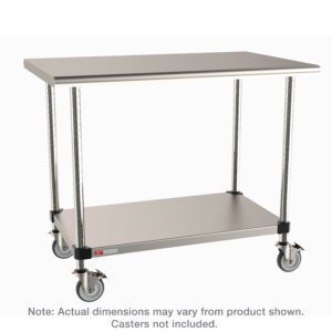 The Metro LTSM60IS Worktable, with a stainless island top and solid HD shelf, measures 30 x 59.75 x 35.188. Its mobile-ready with space-saving features including a lower shelf; however, note that caster wheels arent included and dimensions may vary.
