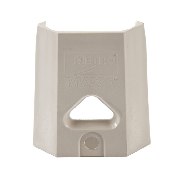 A beige plastic corner cap with a triangular cutout at the center and embossed with the text Metro MAX on the front. The base is hexagonal, designed to fit over a metal frame or support.