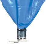 The MH-USA 90 Cubic Feet Loose Fill Dispenser includes a blue funnel-shaped tarp, a metallic flexible duct, and a rectangular white base for efficient packaging solutions.