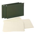 Three Smead Reveal Hanging Folders with 1/3-Cut Oversized SuperTabs stand upright, while five beige file folders, each with a 1/2 expansion, are spread out on a white background.