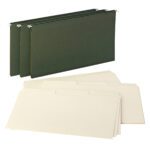 At the top of the image, three green Smead Reveal Hanging Folders with SuperTab display their 1/2 expansion feature, while six legal-sized manila folders elegantly spread out at the bottom.