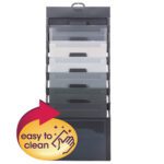 The Smead Cascading Wall Organizer, 6 Pockets, Letter Size, Gray/Neutral (92061), includes six translucent file pockets in various shades and has a red and yellow label with an arrow and hand symbol indicating easy to clean.