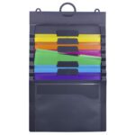 The Smead Cascading Wall Organizer Gen 2 features a gray and bright design with six staggered pockets for organizing letter-sized documents. It includes colorful dividers in red, orange, yellow, green, blue, and purple for easy access and organization.