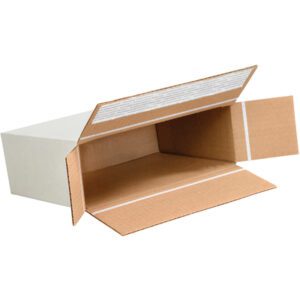 An MH-USA 9 1/4 x 3 x 6 3/4 Self-Seal Side Loading Box is open on its side with flaps extended, revealing a brown corrugated interior. Its unfolded shape highlights the rectangular design and pristine white exterior.