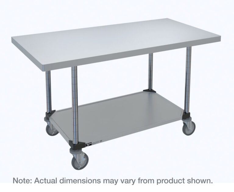 The Metro MWT305FS HD Super Stainless Steel Mobile Worktable, 30 x 48, includes a metal table with a stainless bottom shelf and four caster wheels, ideal for industrial or kitchen use.