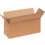 An open MH-USA 9 x 4 x 3 long corrugated box with outward flaps is angled against a plain white background, displaying its empty interior, rectangular shape, and textured surface.