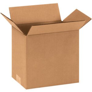 An open MH-USA 9 x 6 x 9 corrugated box sits against a white background, revealing its empty interior with a small piece of tape in the bottom right corner.