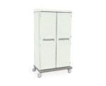 The Metro SXRD76CM3 Starsys Mobile Supply Cabinet is a tall white storage unit with two doors featuring horizontal handles, mounted on wheels for easy mobility, and boasts a sleek design against a plain backdrop.