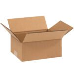 An MH-USA 9 x 7 x 3 Flat Corrugated Box from the 25/Bundle pack sits centered against a white background, showcasing its natural brown color with partially open flaps and an empty interior that highlights its sturdy craftsmanship.