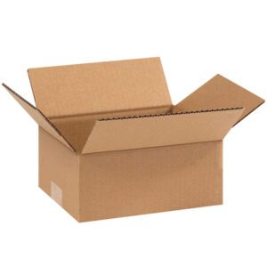A brown MH-USA 9 x 7 x 4 corrugated box with open flaps, part of a 25/bundle set, is shown on a white background. Made from durable cardboard, its ideal for shipping or storage.