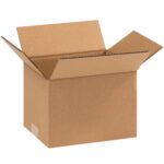 An open MH-USA 9 x 7 x 6 corrugated box with outward-folded flaps stands against a white background. Crafted from sturdy brown cardboard, its empty and ready for use. Sold in bundles of 25, perfect for your packaging needs.